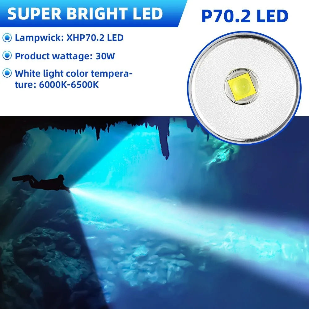 Super Bright XHP70 LED Scuba Diving Flashlight Underwater Dive Torch IPX8 Waterproof Night Diving Emergency Lantern