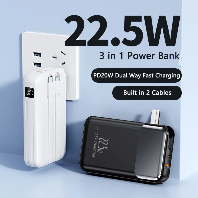 Power Bank 20000mAh 22.5W Fast Charging Powerbank with Cable AC Plug Wall Charger for iPhone 17 Huawei Xiaomi Samsung Powerbank