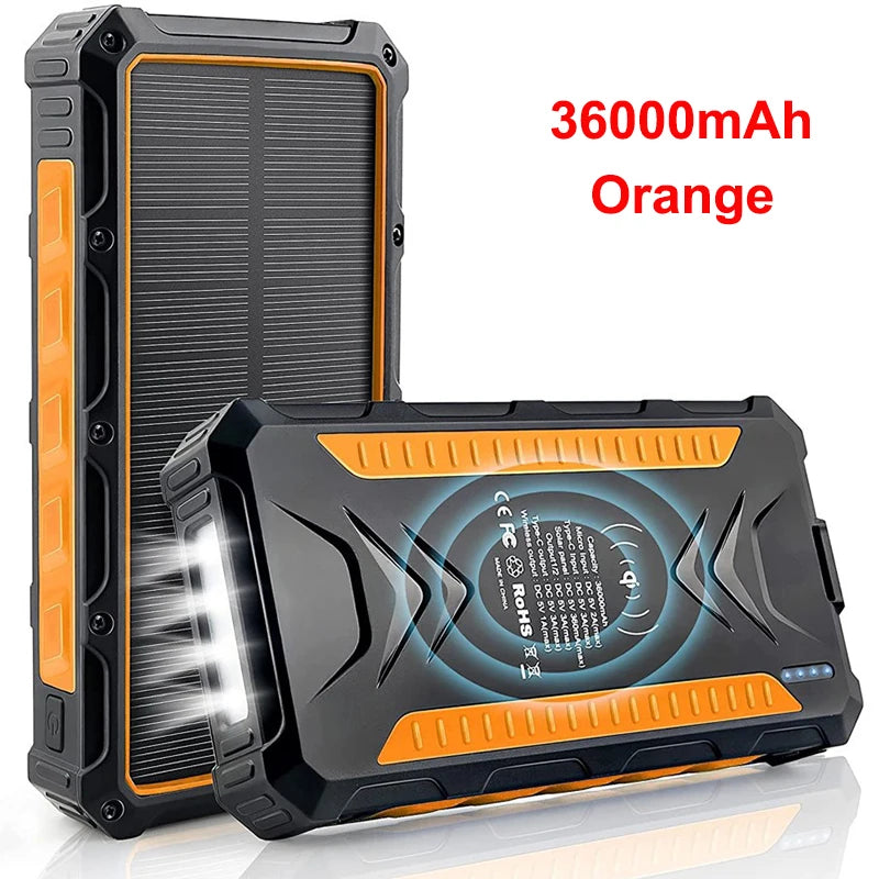 36000mAh Solar Power Bank Fast Wireless Charger Powerbank for iPhone 16 15 Samsung S24 Huawei Xiaomi 3A Fast Charging Powerbank