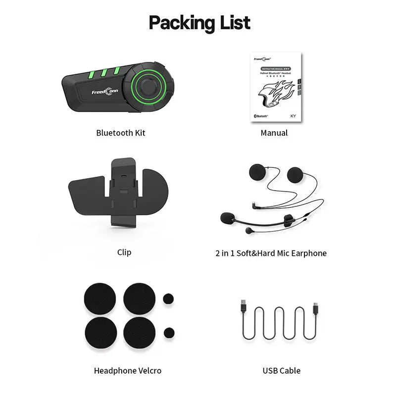 FreedConn Motorcycle Helmet Headset FM IP65 Wireless Headphones Noise Cancellation Stereo FM Music IP65 Waterproof