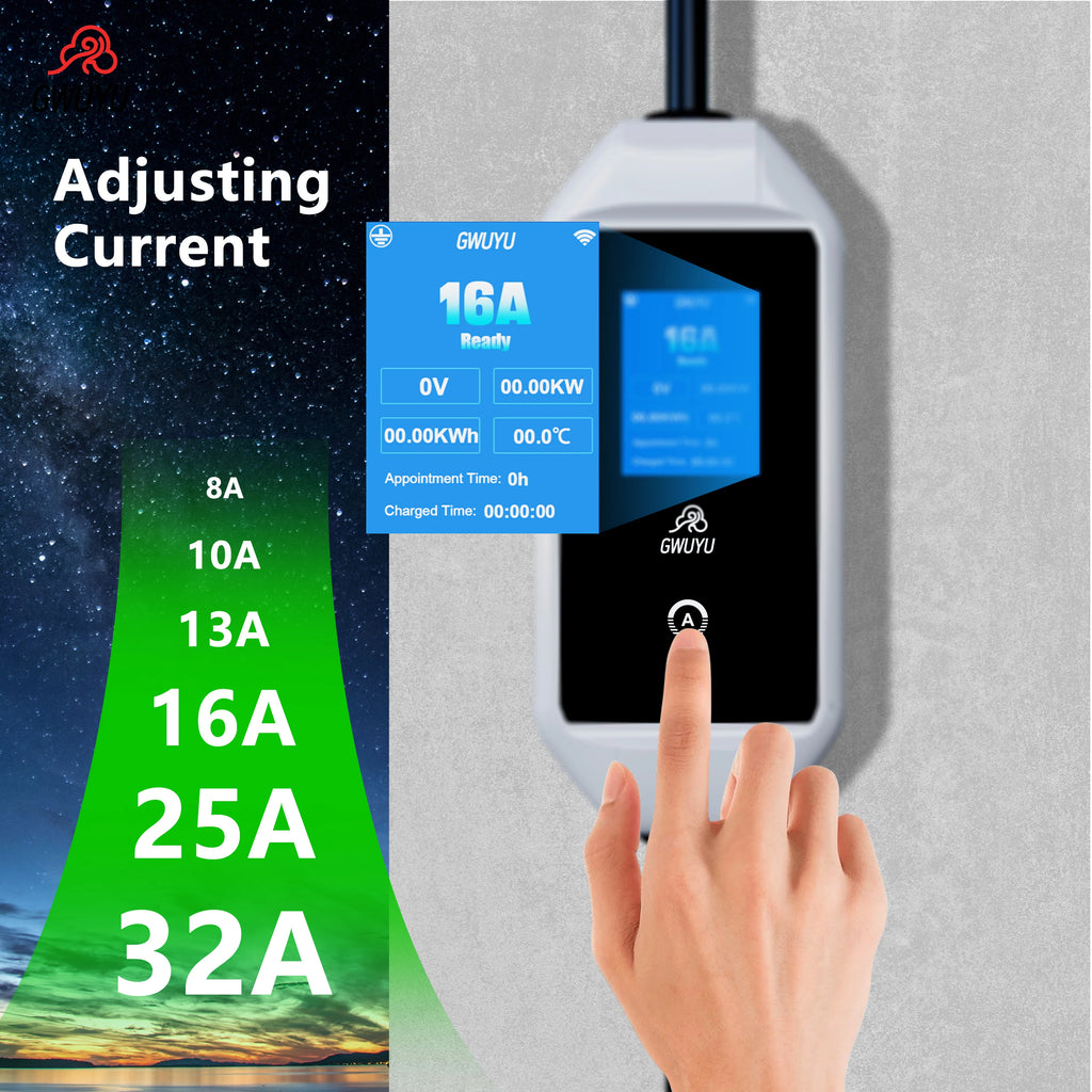 GWUYU M64-1 EVSE Portable Fast Charger for Electric Car Type 1 Sae J1772 7.6KW 32A 5M Charging Cable Led Display Vehicle Charger