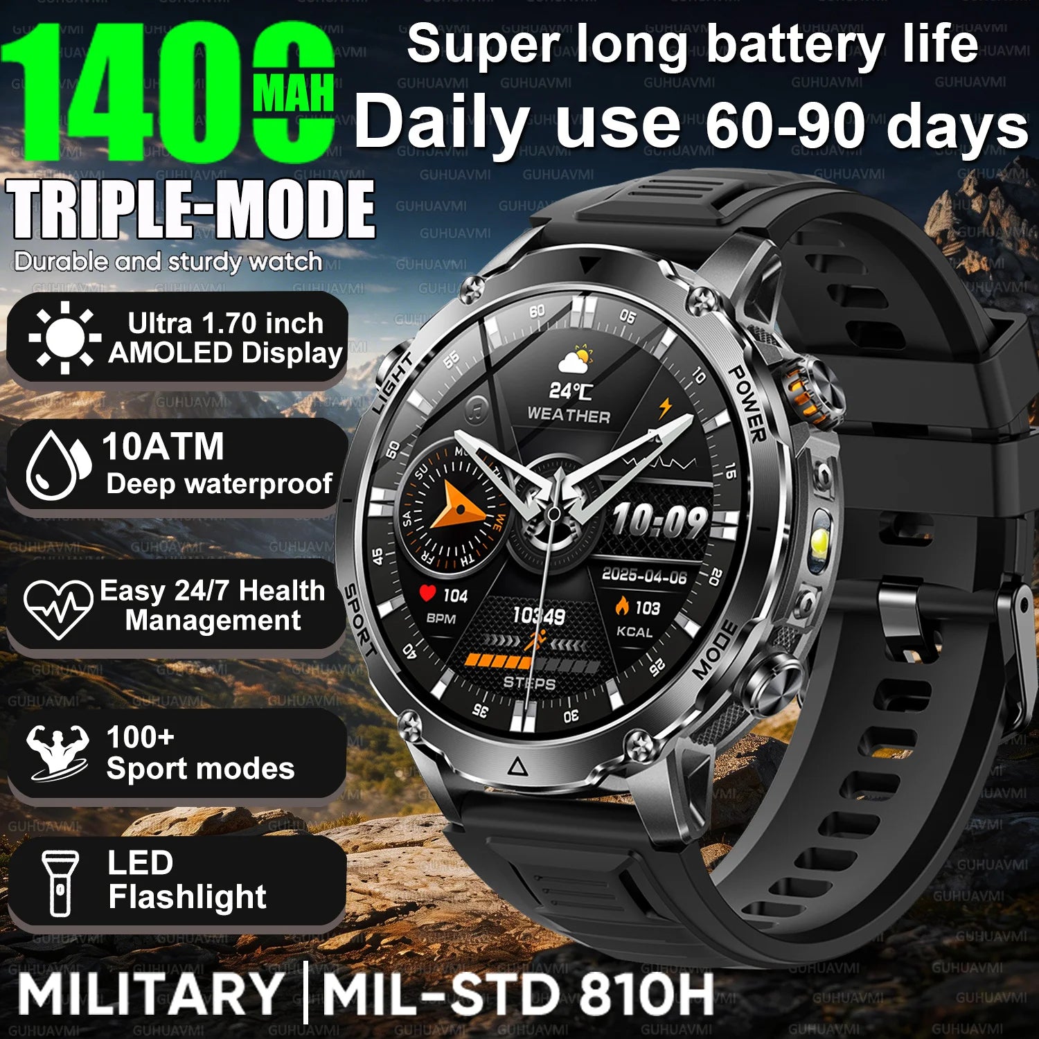 Newly Durable 1400mAh Large Battery Smart Watch Men 1.7" HD Screen IP68K Waterproof LED Flashlight Sports BT Call Smart Bracelet