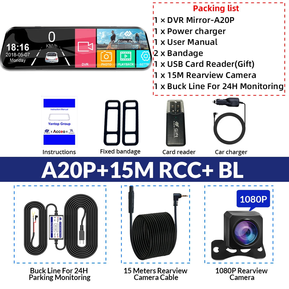 Mirror Camera for Car Touch Screen  Video Recorder Rearview mirror Dash Cam Front and Rear Camera Mirror DVR Black Box