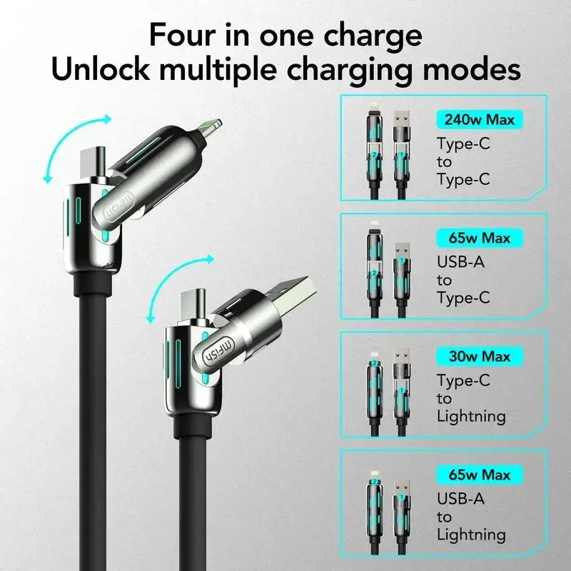 MFISH 4-in-1 Multi-Function USB Charging Cable Max 240W Fast Charging Type C Lightning Compatible with iPhone 15/16 iPad