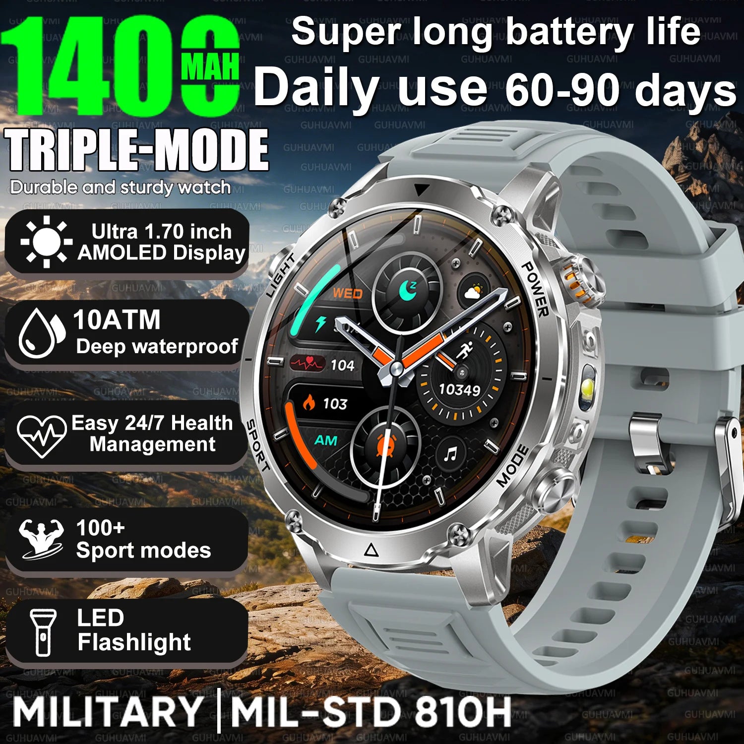 Newly Durable 1400mAh Large Battery Smart Watch Men 1.7" HD Screen IP68K Waterproof LED Flashlight Sports BT Call Smart Bracelet