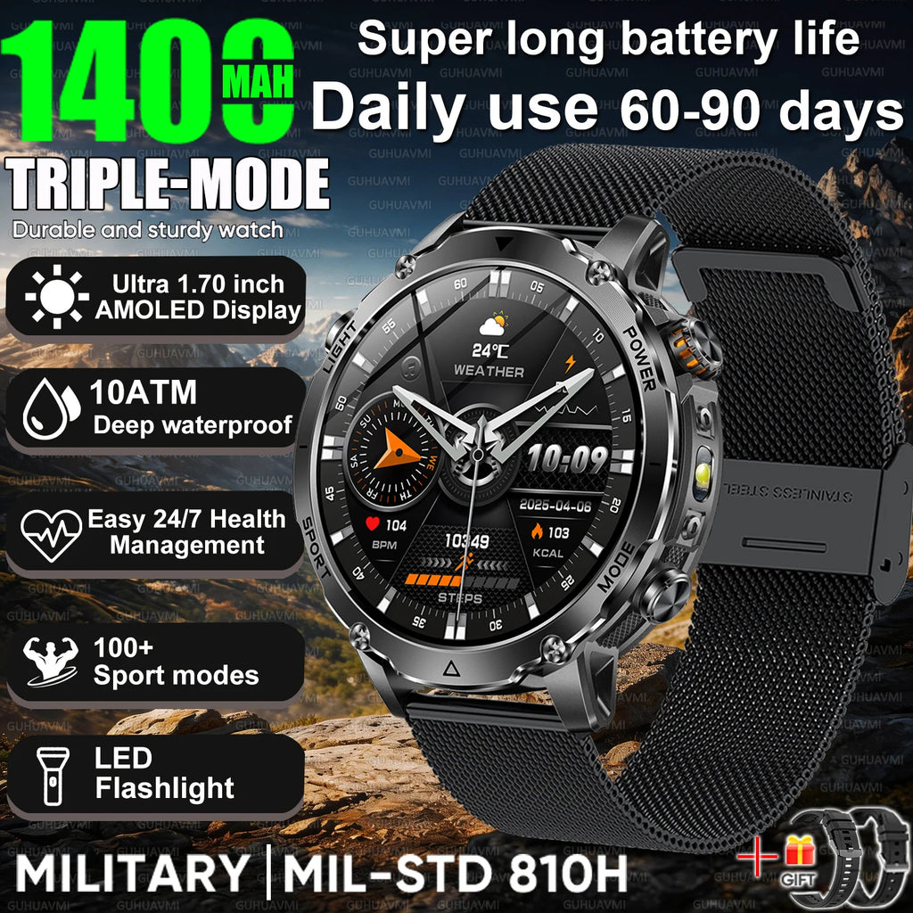 Newly Durable 1400mAh Large Battery Smart Watch Men 1.7" HD Screen IP68K Waterproof LED Flashlight Sports BT Call Smart Bracelet