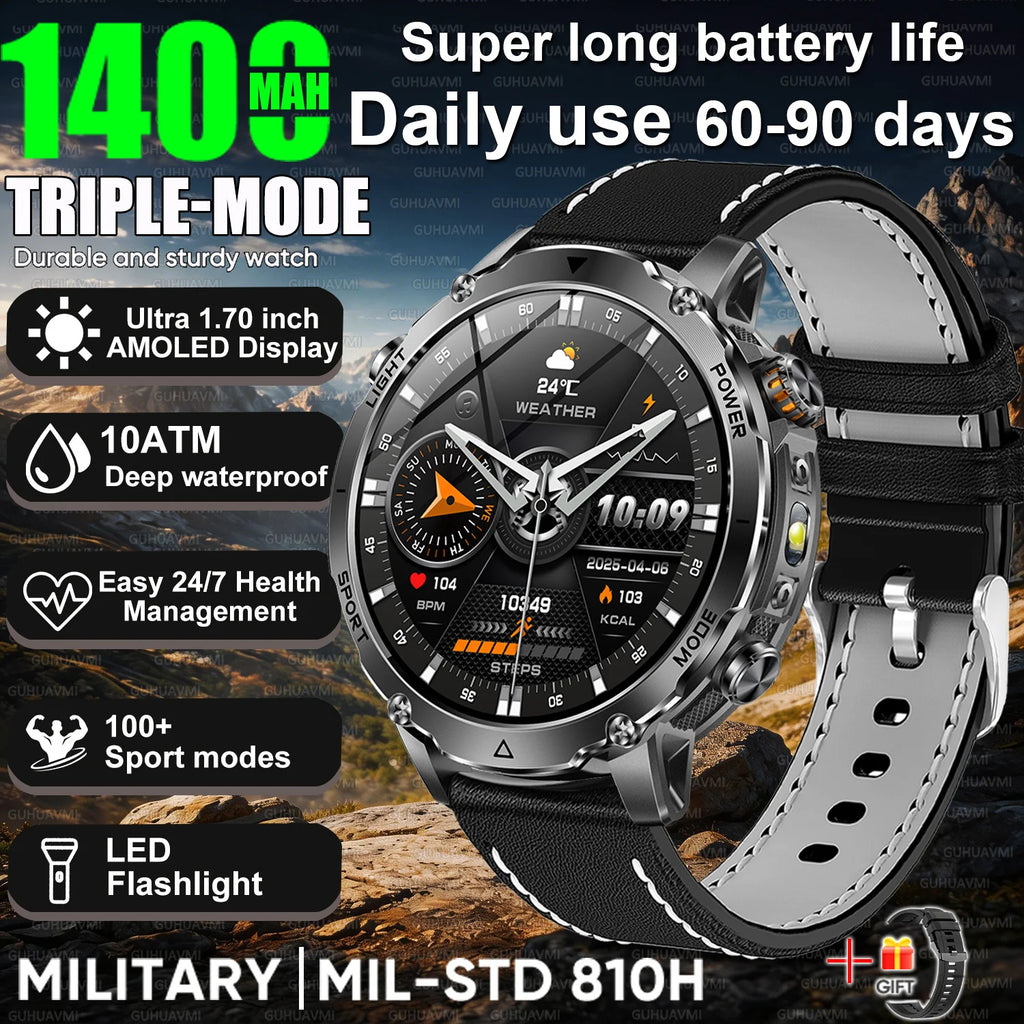 Newly Durable 1400mAh Large Battery Smart Watch Men 1.7" HD Screen IP68K Waterproof LED Flashlight Sports BT Call Smart Bracelet
