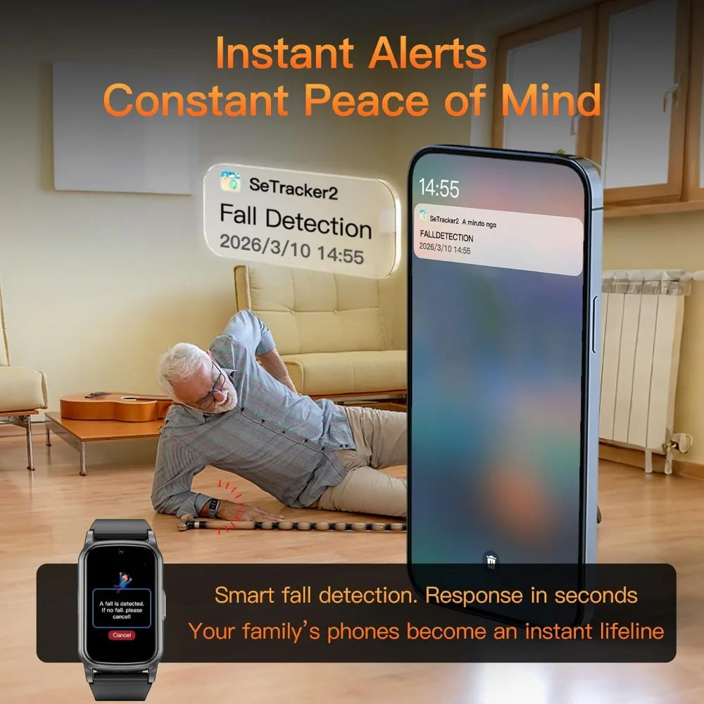 Fall Detection Smart Watch for Seniors with GPS, SOS & HD Video Call, 4G Safety Fitness Tracker for Dementia/Alzheimer's, Black