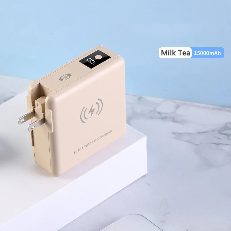 15000mAh Magsafe Power Bank with AC Plug Wall Charger Magnetic Wireless PD45W Fast Charger for iPhone 16 iWatch Laptop Powerbank