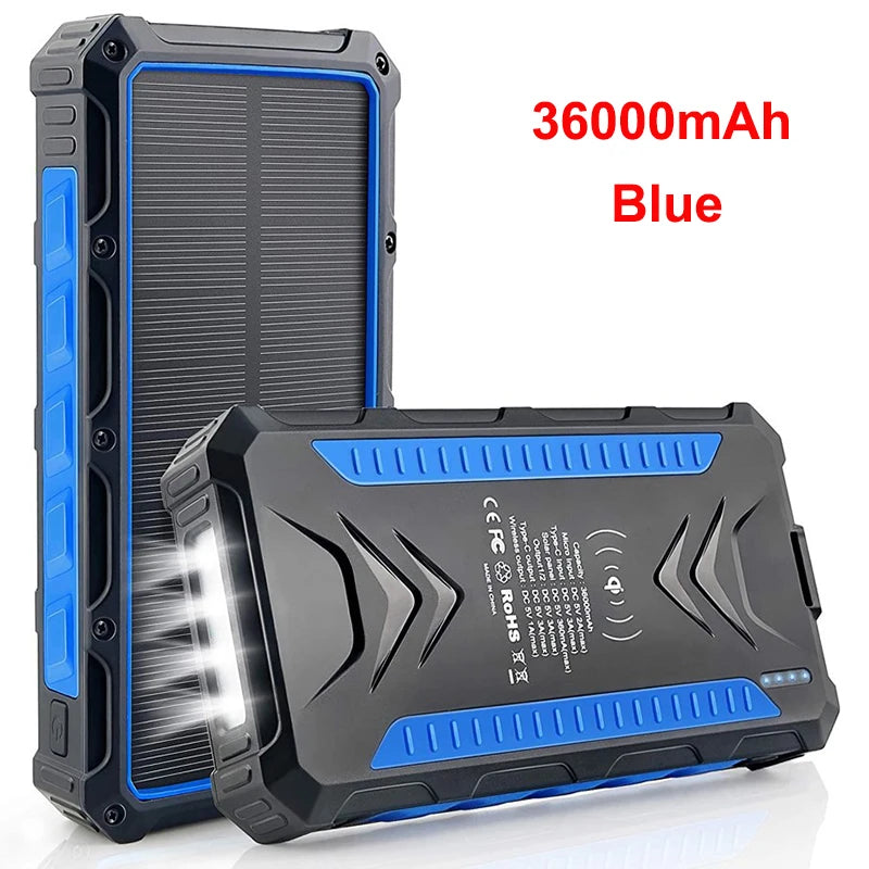 36000mAh Solar Power Bank Fast Wireless Charger Powerbank for iPhone 16 15 Samsung S24 Huawei Xiaomi 3A Fast Charging Powerbank
