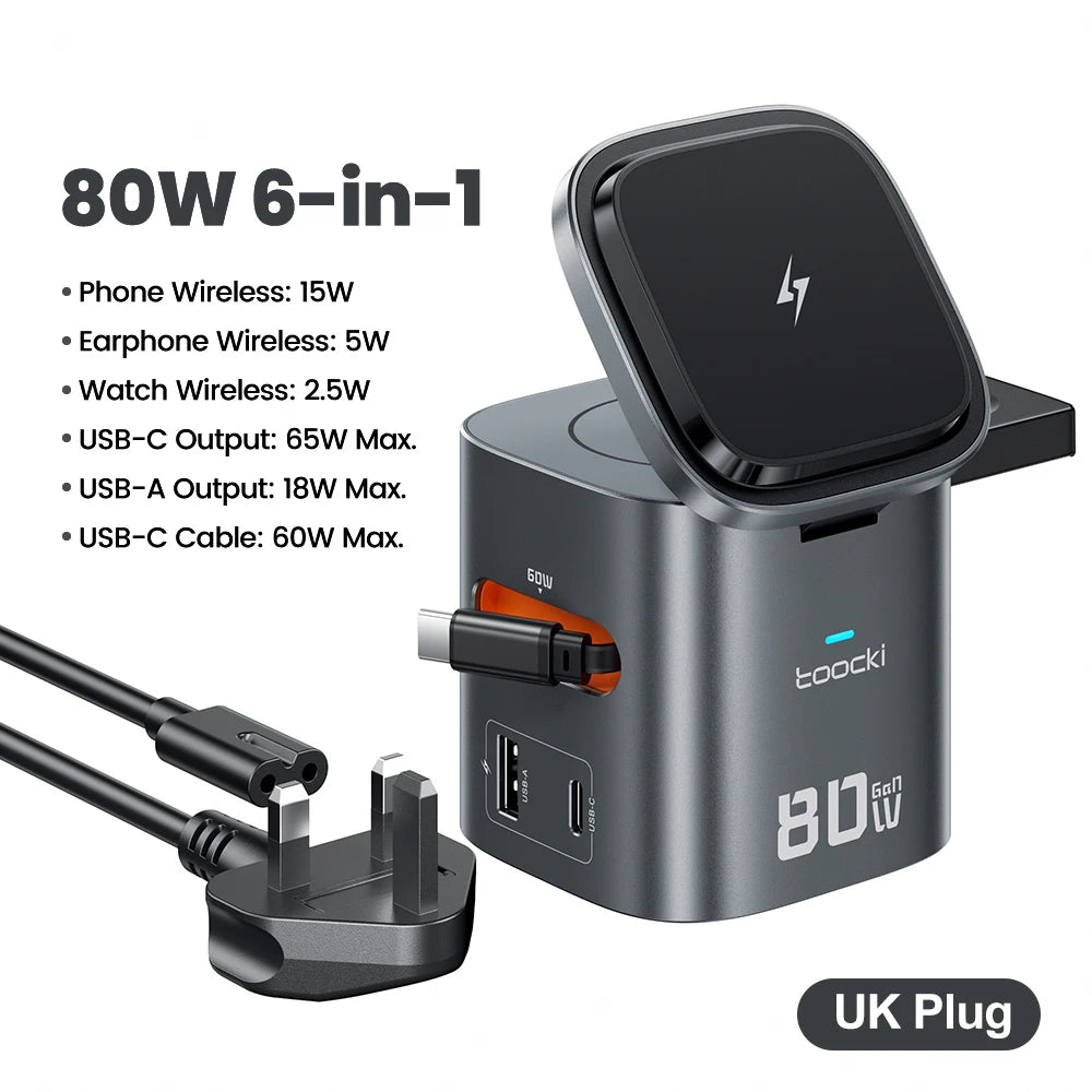 Toocki 80W 6-in-1 GaN Charging Station Type C PD 65W Retractable Fast Charger Wireless Adapter For iPhone 16 17 iWatch AirPods