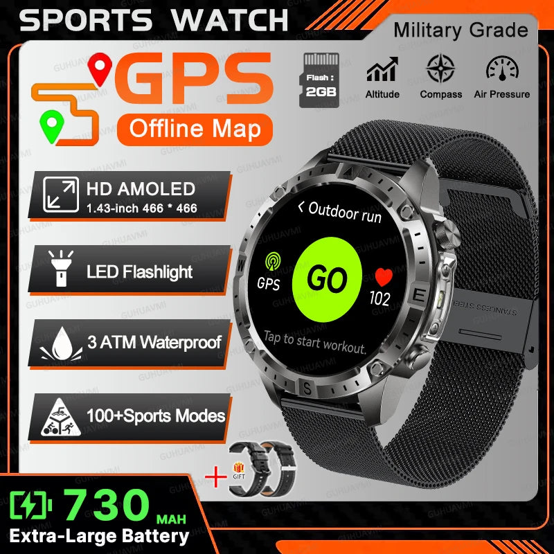 2026New Outdoor Military GPS Navigation Men SmartWatch Offline Map 2GB RAM 730 mAh Compass Flashlight 1.43" AMOLED HD Call Watch