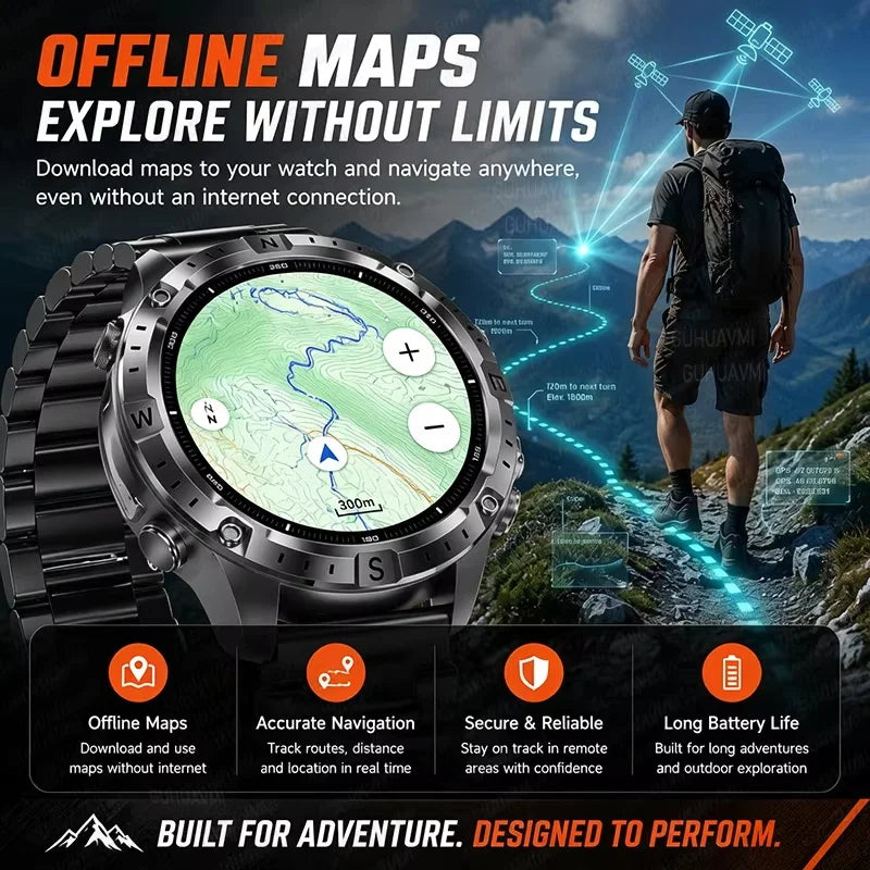 2026New Outdoor Military GPS Navigation Men SmartWatch Offline Map 2GB RAM 730 mAh Compass Flashlight 1.43" AMOLED HD Call Watch