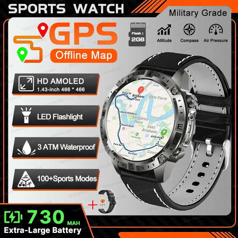 2026New Outdoor Military GPS Navigation Men SmartWatch Offline Map 2GB RAM 730 mAh Compass Flashlight 1.43" AMOLED HD Call Watch