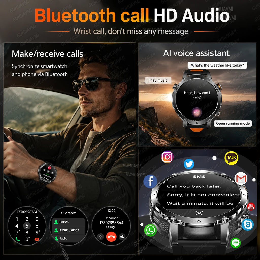 Newly Durable 1400mAh Large Battery Smart Watch Men 1.7" HD Screen IP68K Waterproof LED Flashlight Sports BT Call Smart Bracelet