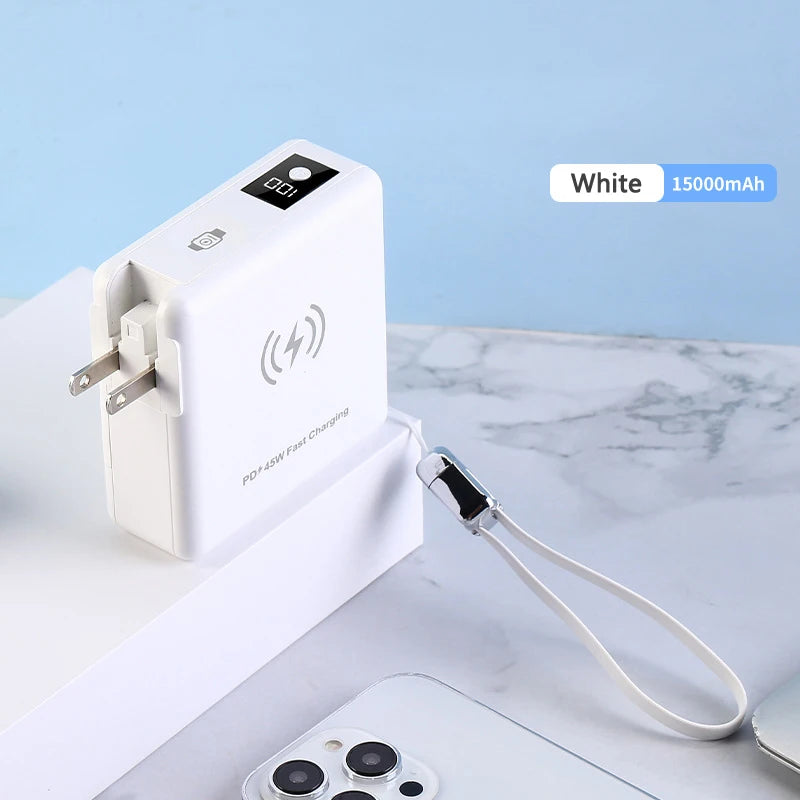 15000mAh Magsafe Power Bank with AC Plug Wall Charger Magnetic Wireless PD45W Fast Charger for iPhone 16 iWatch Laptop Powerbank