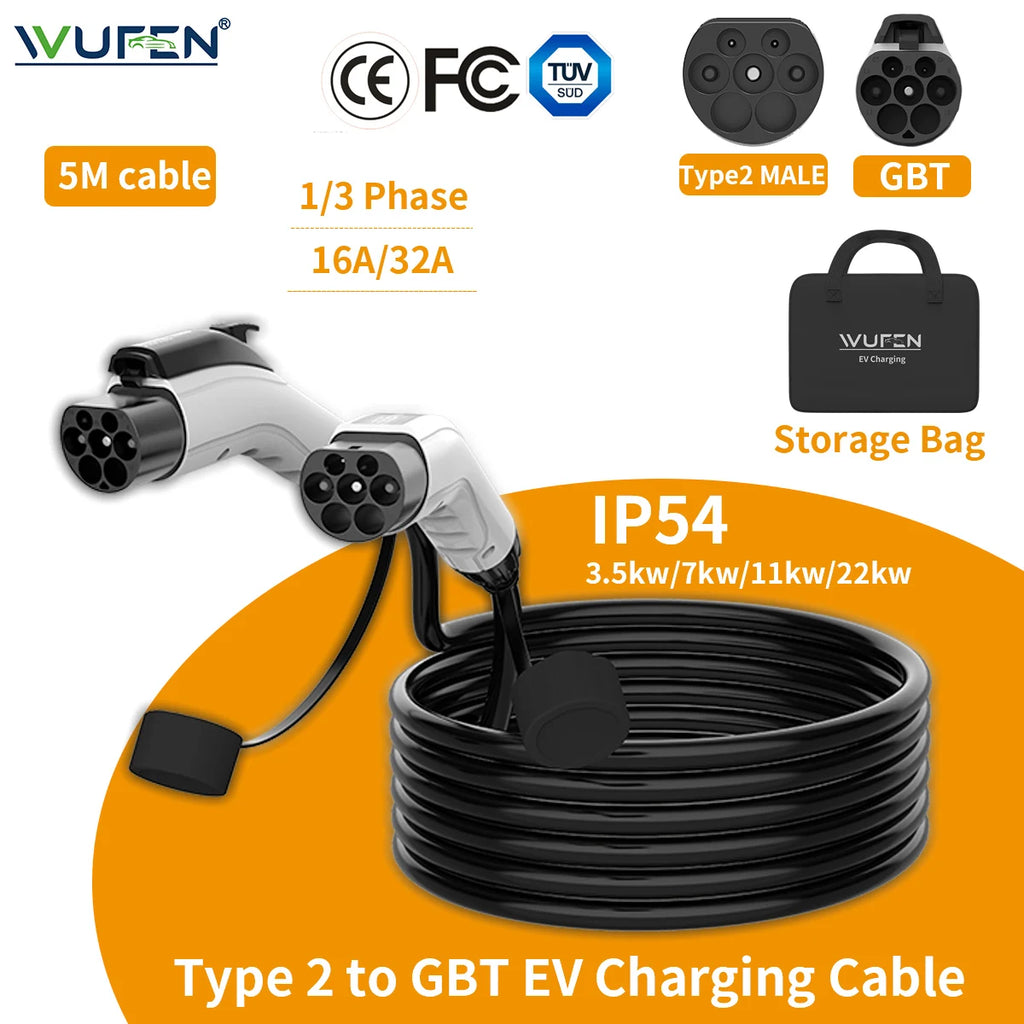 WUFEN 16A/32A 3.5/7/11/22kW Type 2 to GBT Protable Charging Cable IEC 62196-2 Charger For Electric Vehicles Car Public Station