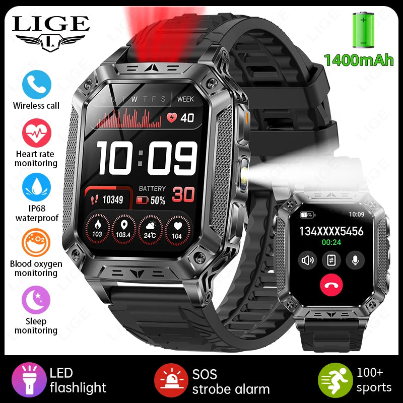 LIGE New Military 1400mAh Long Battery Llife Battery Smart Watch IP68 Waterproof Tactical Sports SOS & Flashlight Men Smartwatch