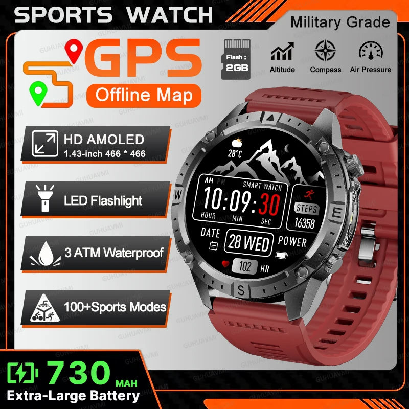 2026New Outdoor Military GPS Navigation Men SmartWatch Offline Map 2GB RAM 730 mAh Compass Flashlight 1.43" AMOLED HD Call Watch