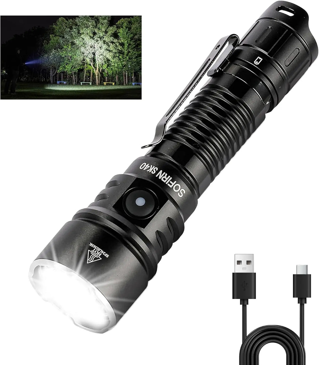 3200 Lumens Tactical Flashlight, USB-C Rechargeable EDC, 580m Long Throw, Dual Switches for Outdoor Camping Hiking