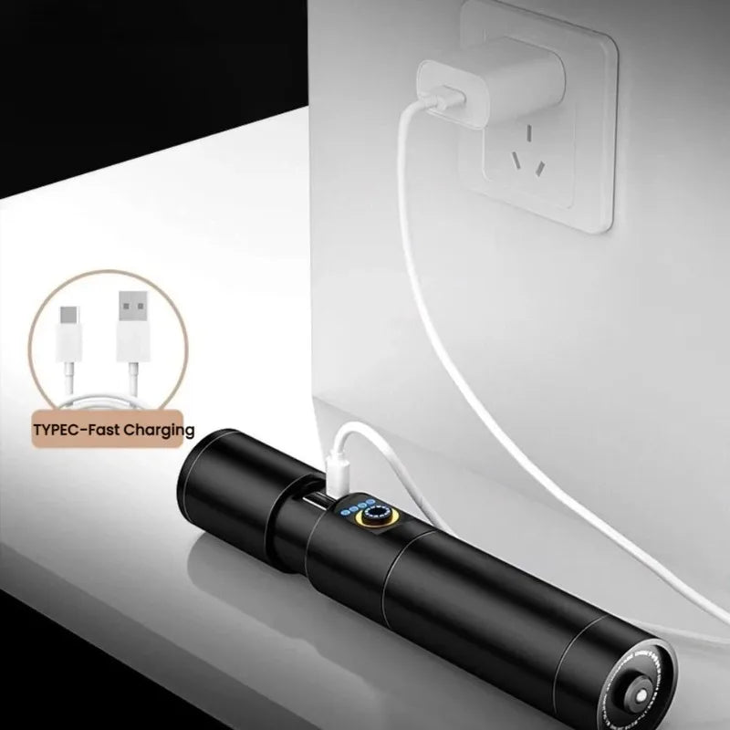 Strong Light LED Flashlight Type-C Charging Telescopic Zoom Waterproof Aluminum Alloy Portable Torch Outdoor Hiking Night Ride