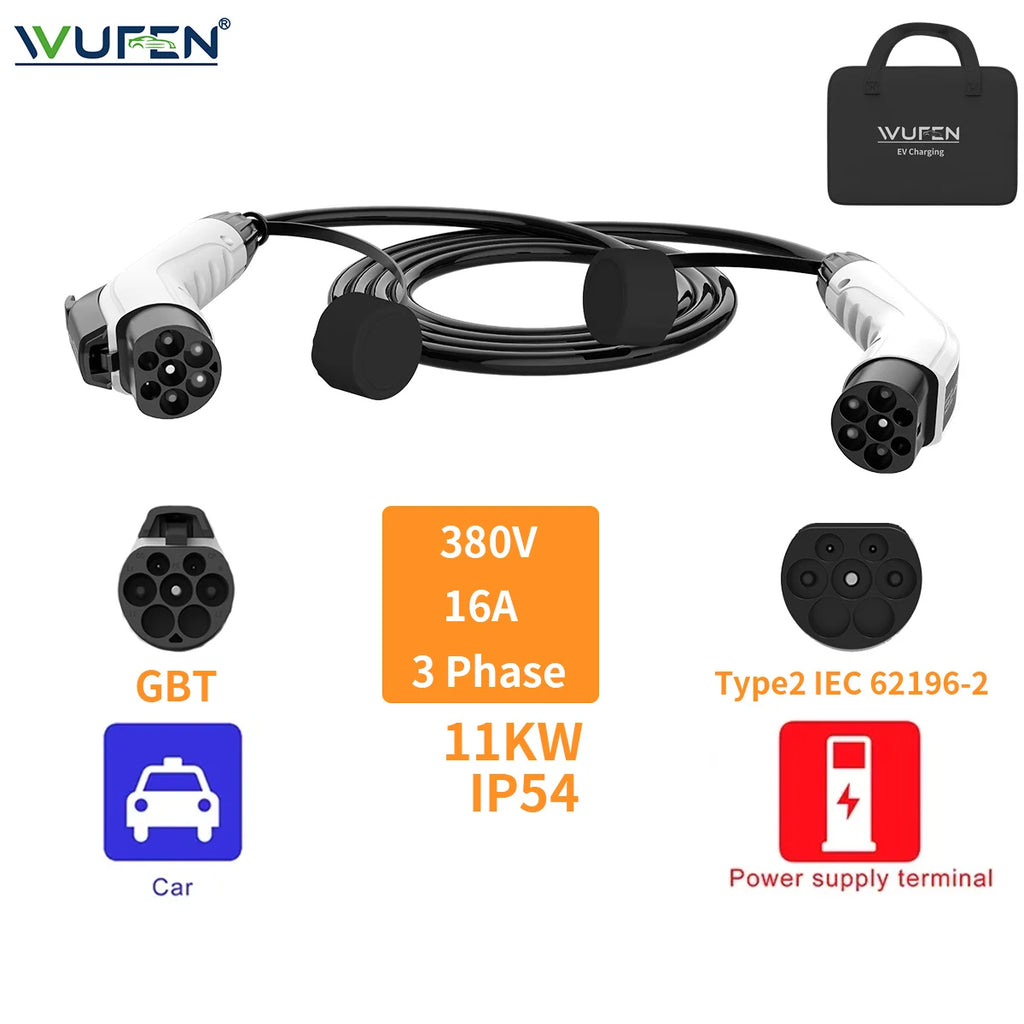 WUFEN 16A/32A 3.5/7/11/22kW Type 2 to GBT Protable Charging Cable IEC 62196-2 Charger For Electric Vehicles Car Public Station