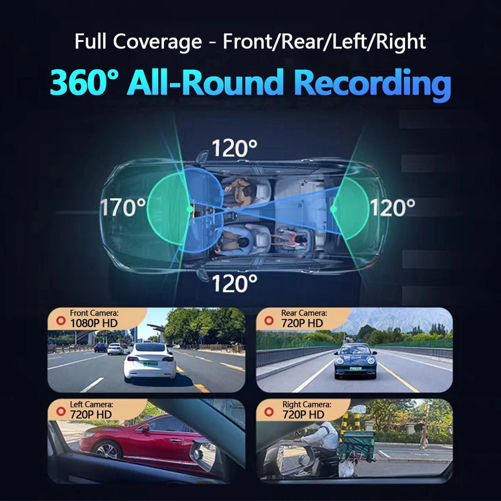 dashcam 4 channels wifi car dvr dashboard cameras for car way back box parking mode 24h front and rear interior 360 dash cam