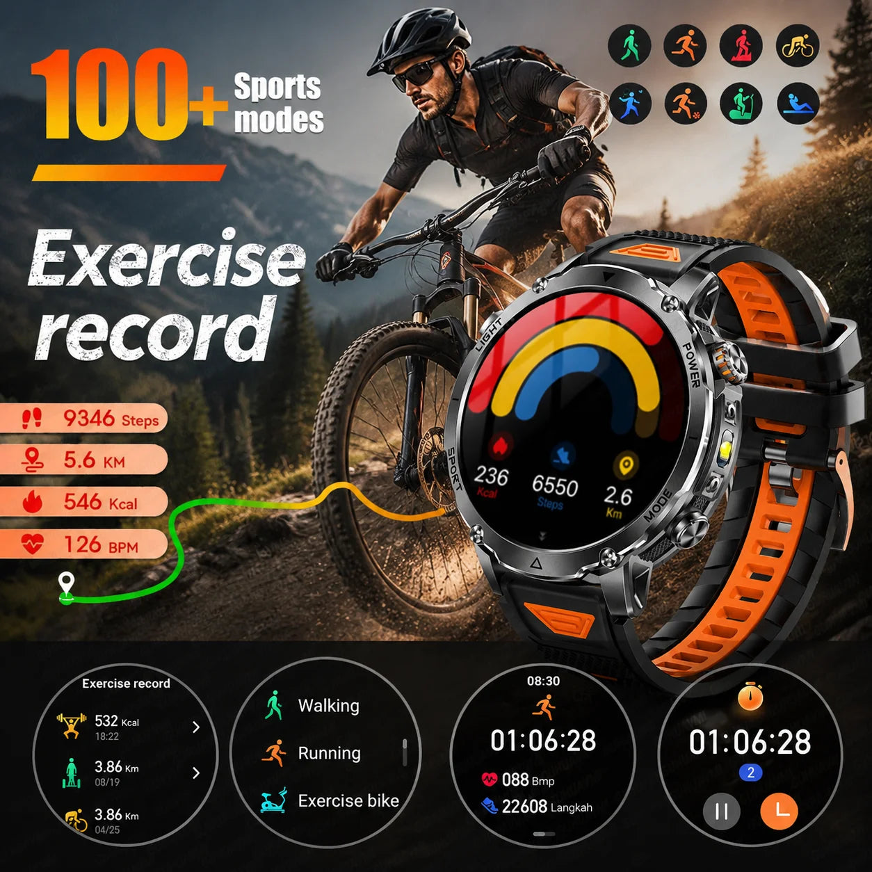 Newly Durable 1400mAh Large Battery Smart Watch Men 1.7" HD Screen IP68K Waterproof LED Flashlight Sports BT Call Smart Bracelet