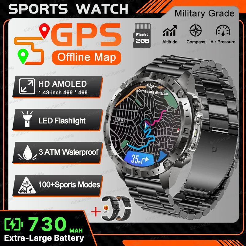 2026New Outdoor Military GPS Navigation Men SmartWatch Offline Map 2GB RAM 730 mAh Compass Flashlight 1.43" AMOLED HD Call Watch