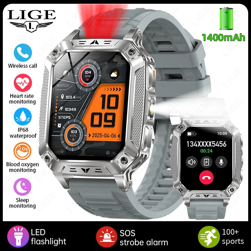 LIGE New Military 1400mAh Long Battery Llife Battery Smart Watch IP68 Waterproof Tactical Sports SOS & Flashlight Men Smartwatch