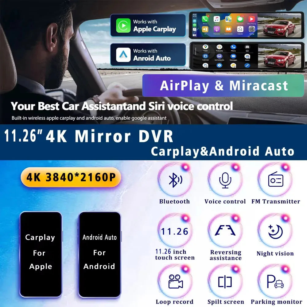 11.26" 4K 2160P Dash Cam Carplay Android Auto Car DVR Dual Lens Wifi GPS BT FM Video Drive Recorder Stream Mirror Dashcam Camera