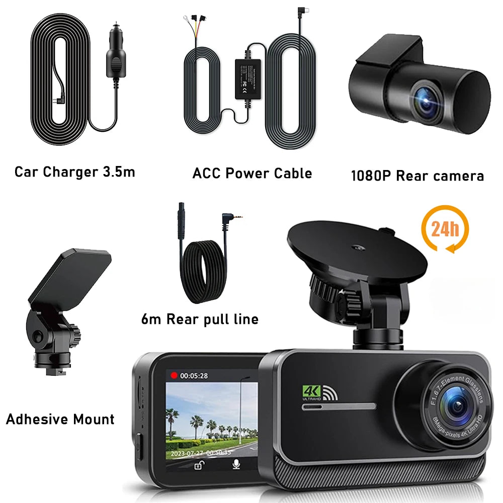 4K Dash Cam for Cars Car Camera Dash Cam WIFI Camera for Car Front and Rear Dash Camera Black Box 24H Parking Mode Recorder