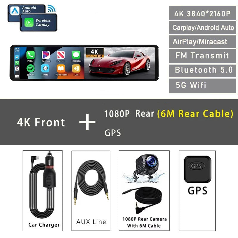 11.26" 4K 2160P Dash Cam Carplay Android Auto Car DVR Dual Lens Wifi GPS BT FM Video Drive Recorder Stream Mirror Dashcam Camera