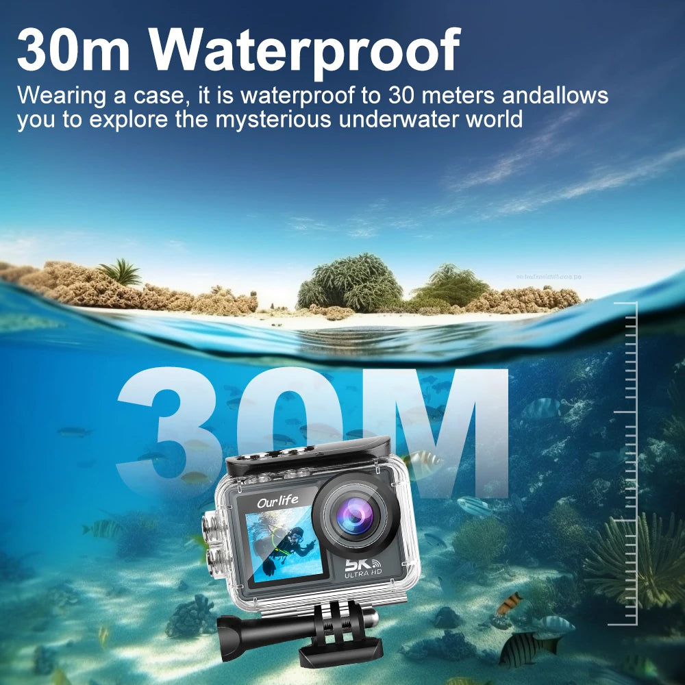 Ourlife MTR40 Pro 5K Action Camera 4K60FPS 2.0" Touch Screen 170° 30M Waterproof 5X Zoom WiFi Professional Helmet Sports Camera
