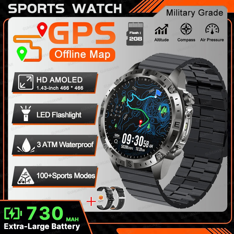 2026New Outdoor Military GPS Navigation Men SmartWatch Offline Map 2GB RAM 730 mAh Compass Flashlight 1.43" AMOLED HD Call Watch