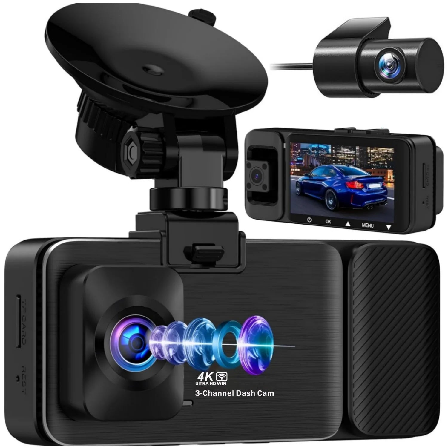 LanYuXuan High-Definition 3-Inch IPS Private Mold Dashcam for Cars 2.5K + 1080P + 1080P 5G WiFi GPS 3-Lens Mobile Phone Connecti