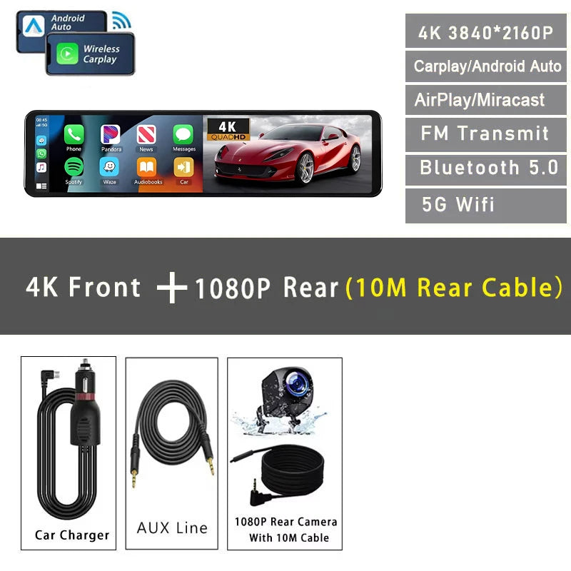 11.26" 4K 2160P Dash Cam Carplay Android Auto Car DVR Dual Lens Wifi GPS BT FM Video Drive Recorder Stream Mirror Dashcam Camera