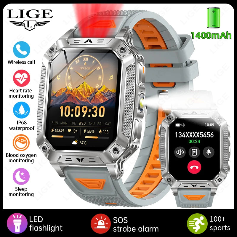 LIGE New Military 1400mAh Long Battery Llife Battery Smart Watch IP68 Waterproof Tactical Sports SOS & Flashlight Men Smartwatch