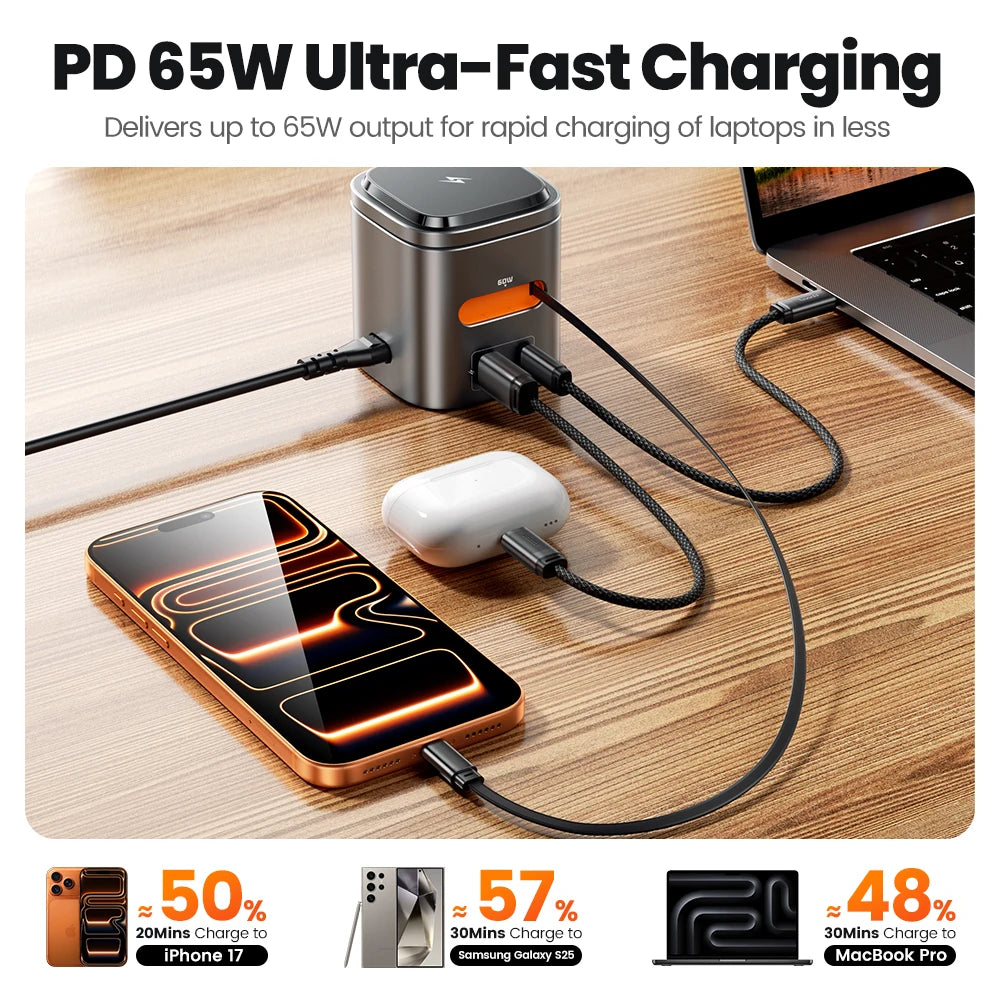 Toocki 80W 6-in-1 GaN Charging Station Type C PD 65W Retractable Fast Charger Wireless Adapter For iPhone 16 17 iWatch AirPods