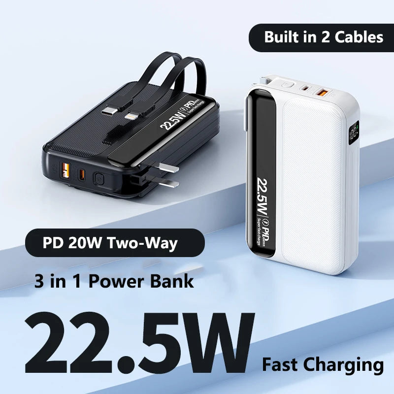 Power Bank 20000mAh 22.5W Fast Charging Powerbank with Cable AC Plug Wall Charger for iPhone 17 Huawei Xiaomi Samsung Powerbank