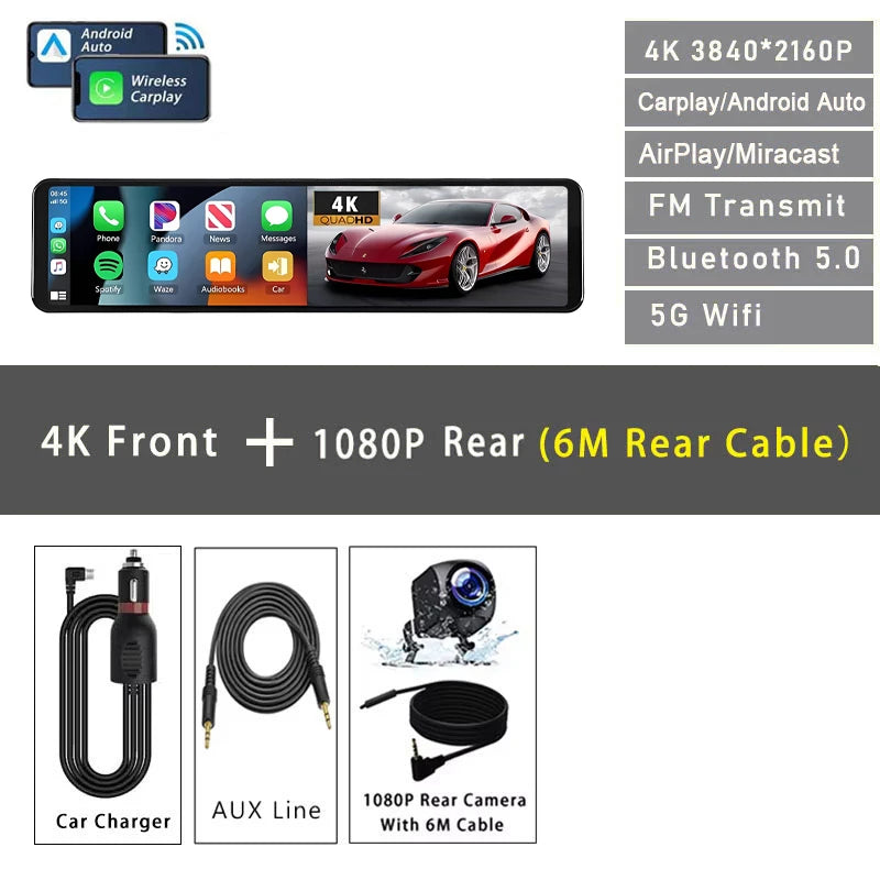 11.26" 4K 2160P Dash Cam Carplay Android Auto Car DVR Dual Lens Wifi GPS BT FM Video Drive Recorder Stream Mirror Dashcam Camera